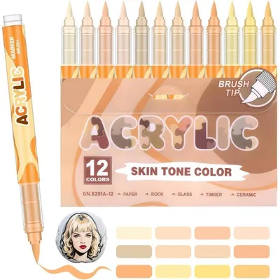 Zdjęcie produktu dla Markery akrylowe do skóry, 12 kolorów, wodoodporne, z elastyczną końcówką pędzelka o szerokości 1-5 mm, idealne do malowania na kamieniach, szkle, drewnie i płótnie