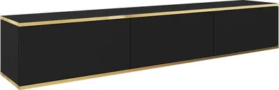 A black TV cabinet with gold trim, shown from a side angle against a white background.