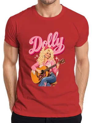 Obrázok produktu pre Tričko s potlačou: Dolly Parton, country hudobníčka, gitara, cowgirl, western, retro, pánske, červené, veľkosť XL