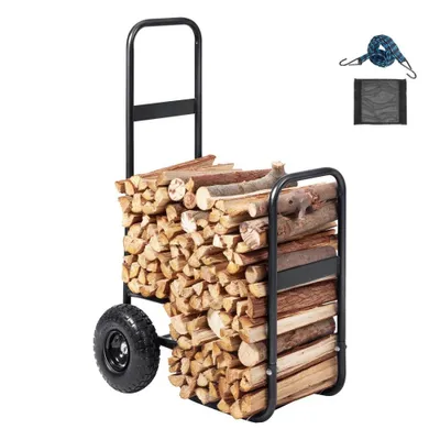A black metal firewood cart filled with logs, shown on a white background. Accessories are shown in the upper right corner.