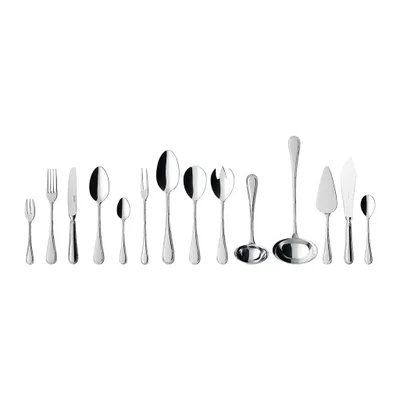 A collection of silverware arranged in a line against a white background.