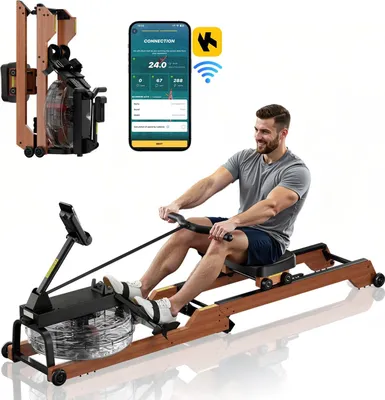 Obrázok produktu pre Vodný veslovací trenažér – Veslovací trenažér z dreva – Tichý 6-stupňový odpor – Sklopný – 14 l vodná nádrž – LCD displej – Bluetooth a aplikácia – Nosnosť 158 kg