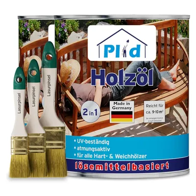 Produktbild von Plid Holzöl 2L Teak für ca. 20m² + Pinselset 3-tlg– Holzschutz & Pflegeöl, Imprägnierung für Gartenmöbel, Terrassen, Zäune & Außenbereich