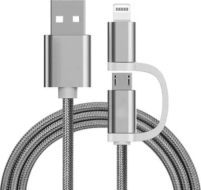 Produktbild von Reekin Ladekabel Kabel 2in1 MicroUSB & Lightning 1 Meter Silber-Nylon