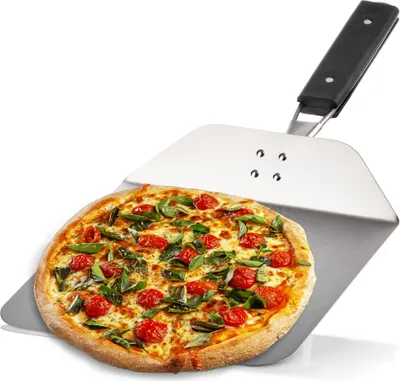 Produktbild von com-four® Pizzaschaufel aus rostfreiem Edelstahl 430 - Pizza- und Kuchenheber mit Holzgriff - Pizzaschieber für Pizza, Flammkuchen, Brötchen und Brot - klappbarer Griff