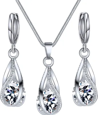 Produktbild von Silbernes Schmuckset mit Tropfenform für Damen, Zirkonia, Tropfenform, baumelnde Ohrringe und Halskette, Set für Hochzeit, Brautaccessoires