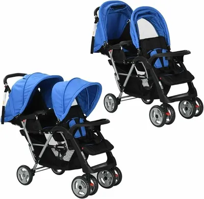 Produktbild von Tandem-Kinderwagen, Geschwisterwagen Zwillingswagen Zusammenklappbar Stahl Blau und Schwarz, für Zwillinge und Geschwister