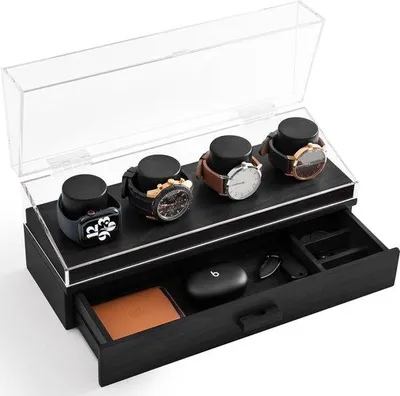 Productafbeelding van Famanu horlogebox met scharnierend deksel - hout, acryl, geschikt voor 4 horloges