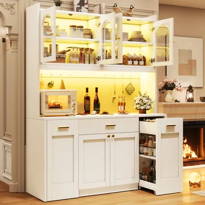 Immagine prodotto di Armadio da cucina MODFU, modello alto con illuminazione RGB a LED, vetrine in vetro e cassetti – Mobile multifunzionale per il soggiorno con ripiani estraibili, colore bianco