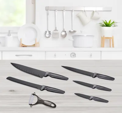 Produktbild von 6 tlg. Messer-Set mit Koch-, Brott-, Fleisch-, Unniversal-, Gemüsemesser und Schäler, Grau