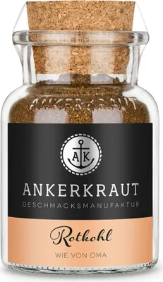 A glass jar of Rotkohl spice blend with a cork lid, against a white background.