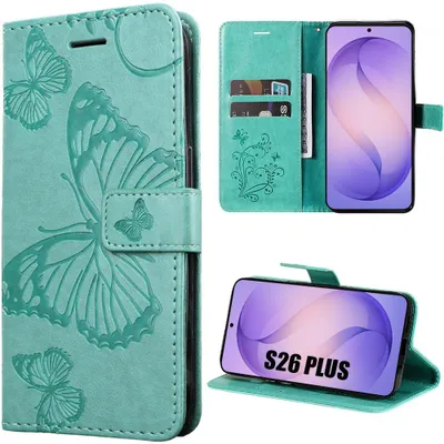 Image de Coque pour Samsung Galaxy S26 Plus, Protection Rabat Cuir Synthétique Antichoc Motif Papillon Vert