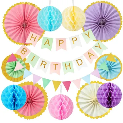 Produktbild von Geburtstagsdeko Set 26-teilig Regenbogen Happy Birthday Girlande Wimpelkette Wabenbälle Papierfächer Wiederverwendbar