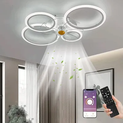 A modern ceiling fan with integrated LED lights, shown in operation with airflow depicted by light rays and leaves, alongside a smartphone app and a remote control.