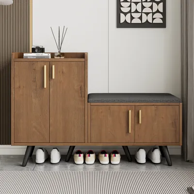 Image de Bancs à chaussures modernes avec veines de bois, armoire à chaussures, quatre portes de rangement, poignées asymétriques en métal, B120/D34/H82