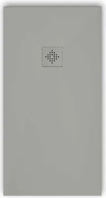 A top-down view of a rectangular shower tray with a square drain in the center.