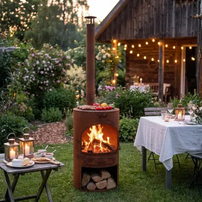 Produktbild von Gartenofen rund – Terrassenofen aus Cortenstahl – 46,5 x 46,5 x 191 cm – Für Holz und Holzkohle – Grill