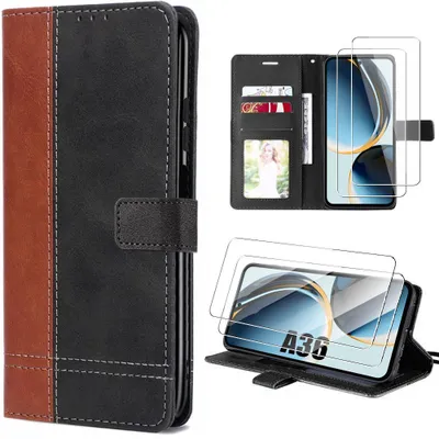 Image de Coque + 2 Verres Trempés pour Samsung Galaxy A36 5G, Protection Rabat Antichoc Synthécuir Souple Marron/Noir