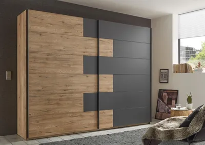 Produktbild von Schwebetürenschrank >LINEA< in Bartex Eiche / Graphit - 270x211x58cm (BxHxT)