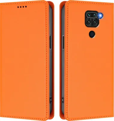 Produktbild von Handyhülle für Xiaomi Redmi Note 9 4G, Kunstleder Klapphülle Stoßfeste Magnetische Hülle mit Ständer Orange