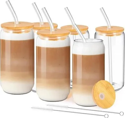 Produktbild von 6er-Set Trinkgläser mit Deckel und Strohhalm – Ideal für Wasser, Cocktails, Whisky und Softdrinks – 500-ml-Eiskaffeeglas – Dosenförmige Gläser – Bierdosen-Cocktailgläser – Eiswürfelform
