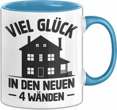 Produktbild von Einzugsgeschenke Wohnung Tasse Haus Umzug Geschenkidee Alles Gute Zum Umzug Geschenkidee Viel Glück In Den Neuen 4 Wänden Kaffee-Becher (Blau)