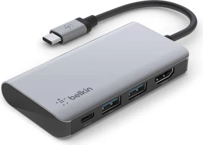 A silver and black USB-C multiport adapter with a connected USB-C cable is shown against a white background.