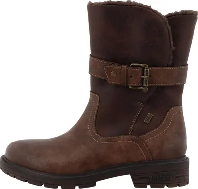 Auf dem Bild ist ein brauner Stiefel zu sehen der von der Seite abgebildet ist. Der Stiefel hat eine robuste Sohle und eine modische Gestaltung.