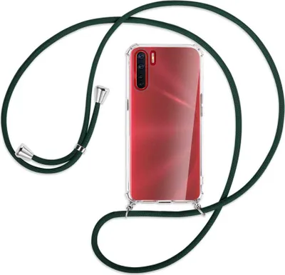 Produktbild von Handykette Backcover-Schutzhülle mit Band (Metall silberfarben) für Oppo A91 / F15 / Reno3 - dunkelgrün