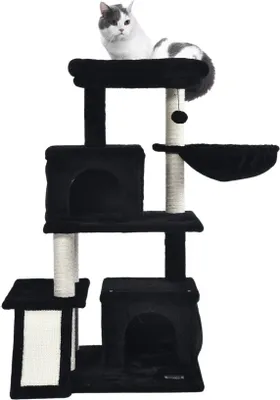 A cat is resting on a multi-level cat tree.