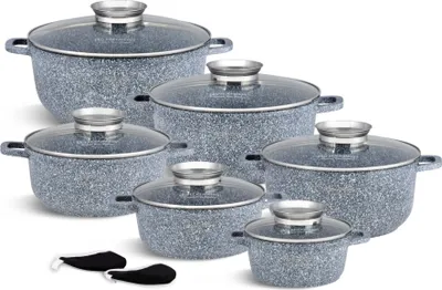 Produktbild von Graues Topfset 12tlg Topf Kompotttopf Suppentopf Kochtopf Keramik Marmor Induktionstöpfe GLASDECKEL (1.3L / 2.3L / 3.3L / 4.5L / 6.8L)
