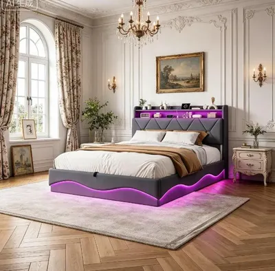 Image de Lit tapissier 140x200 cm - Lit double en velours - Éclairage LED - Ports USB et Type-C - Tiroir de rangement intégré - Sommier à lattes - Couleur : kaki foncé