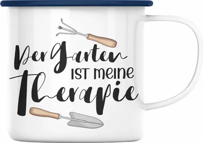 Produktbild von Trendation - Der Garten Ist Mein Therapie Emaille Tasse für Gärtner Geschenk Mann Frau (Blau)