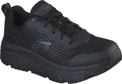A black Skechers work shoe is shown from a side angle against a white background.