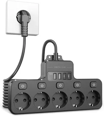 Immagine prodotto di Cavo di prolunga con 5 prese e 4 porte USB (3 porte USB-A, 1 porta USB-C)