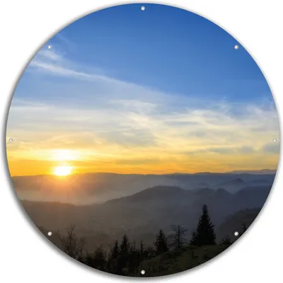 Produktbild von Wallario rundes Outdoor-Poster für Garten oder Balkon, Motiv Sonnenaufgang über dem Schwarzwald, 60 cm Durchmesser