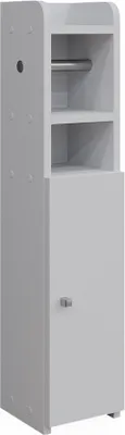 A white toilet paper cabinet with a door and shelves.