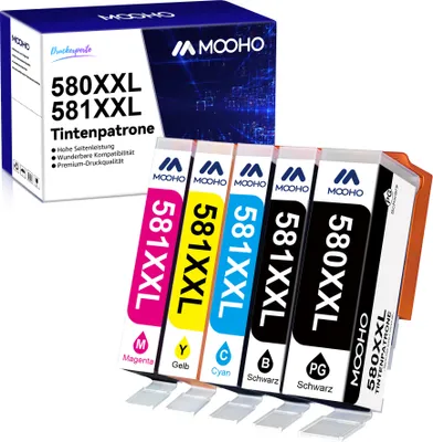 A box of printer ink cartridges and the cartridges themselves are displayed.