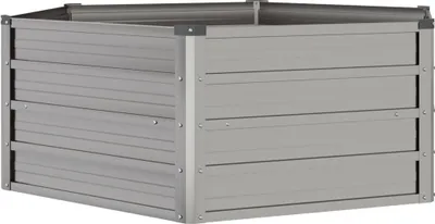 A gray metal raised garden bed is shown from a slightly elevated angle against a white background.