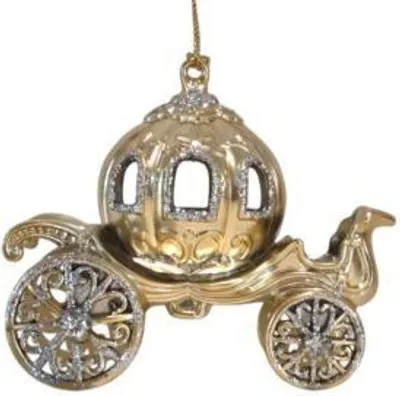 A gold-colored carriage ornament, likely for a Christmas tree, is shown against a white background.