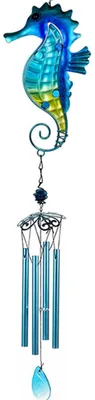 Windspiel aus Glas, Seepferdchen, 89 cm, blau, für Garten und Terrasse