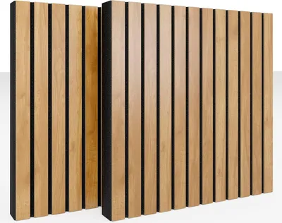 Zdjęcie produktu dla Zestaw 2 sztuk – panel akustyczny z lameli | 50 x 50 x 5 cm | Pochłanianie dźwięku – dyfuzja – odbicie – izolacja akustyczna | [SLATO | dąb]