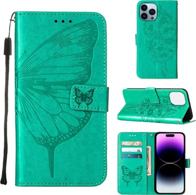 Produktbild von iPhone 15 Pro Hülle, Schmetterling Prägung Flip Leder Kartenfächer Schutzhülle Ledertasche mit Ständer für iPhone 15 Pro Grün