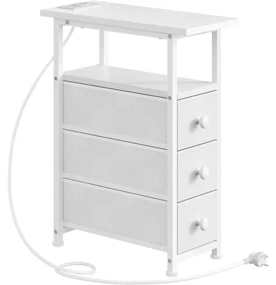 Image de Table de chevet avec station de recharge - Mince - 3 tiroirs - Blanc - 48 x 20 x 60 cm