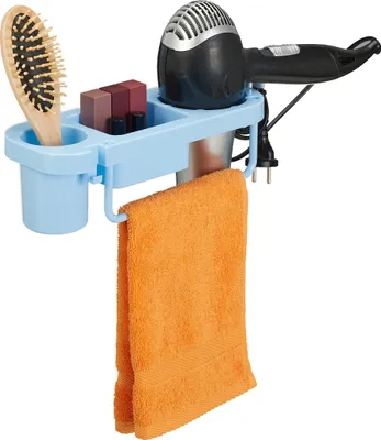 Image de Support mural pour sèche-cheveux Relaxdays sans perçage, en plastique, avec support pour câble et étagères, support mural pour sèche-cheveux, HBT 9 x 30 x 10,5 cm, bleu clair