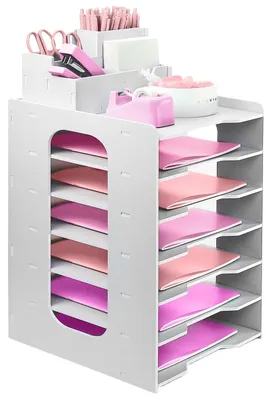 Image de Organisateur de documents en bois à 7 compartiments, avec porte-stylos, pour bureau