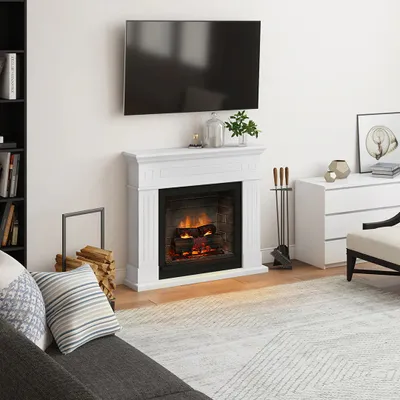 Produktbild von TAGU Larsen Kamin weiß mit Elektro Insert der neuesten Generation, 3D Flame, Knistersound Brennraum mit Steinverkleidung