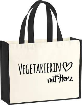 Produktbild von Huuraa Jutetasche Vegetarierin mit Herz 21 Liter Black Jute und Baumwolle Einkaufstasche Geschenkidee