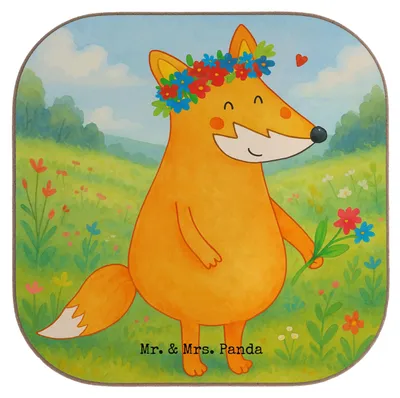 Produktbild von Mr. & Mrs. Panda Untersetzer für Gläser Fuchs Blumen Design - Weiß - Geschenk, bieruntersetzer, Tischuntersetzer, Quadratischer, Liebe, Blumenliebe, Teeuntersetzer, Boho