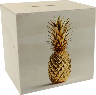 Produktbild von Goldene Ananas auf weißem Hintergrund Spardose aus Holz